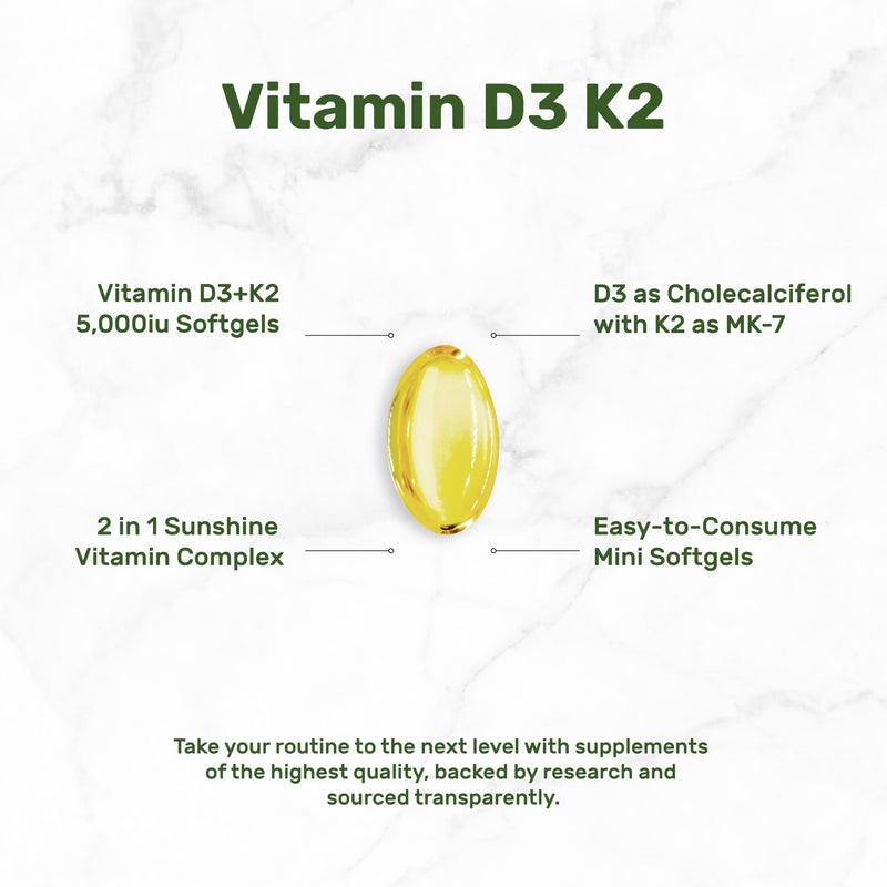 Vitamin D3 5000 IU + K2 MK7 Softgels – 2-in-1 Complex (250 Count) | Heart, Bone & Immune Support