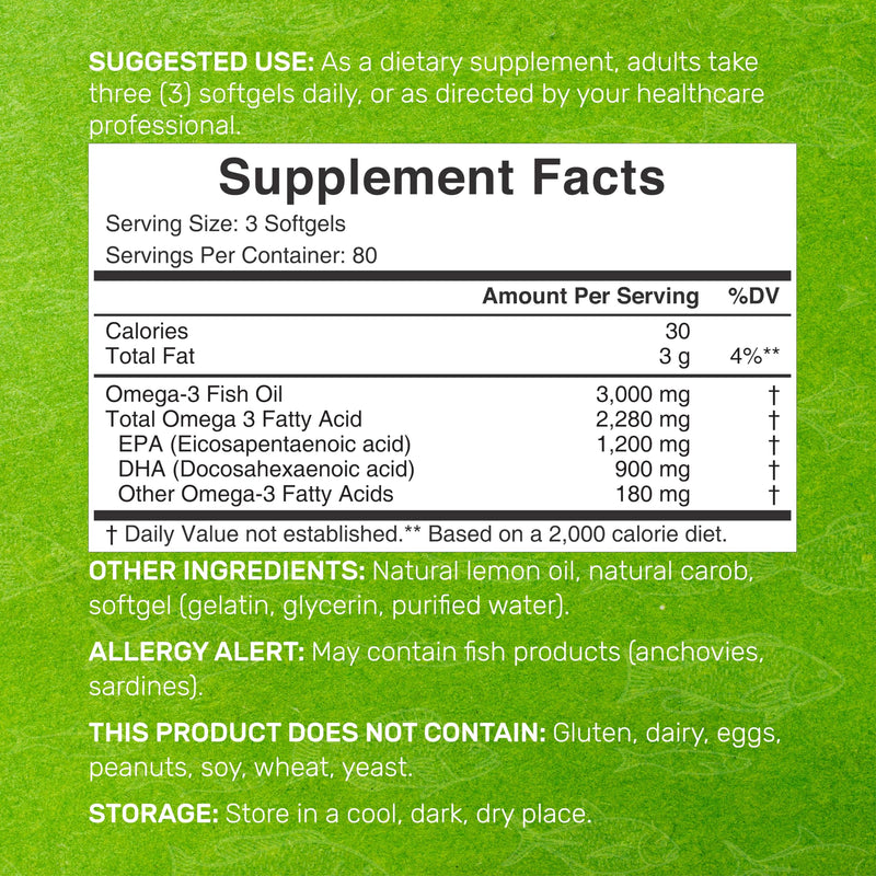 DEAL SUPPLEMENT Omega 3 Fish Oil – 3,000 mg per Serving, 240 Softgels, Burpless Lemon