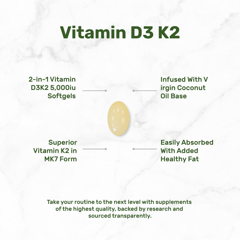 Vitamin D3 5000 IU + K2 MK7 Softgels — 2-in-1 Coconut Carrier | Heart, Bones & Immune Support