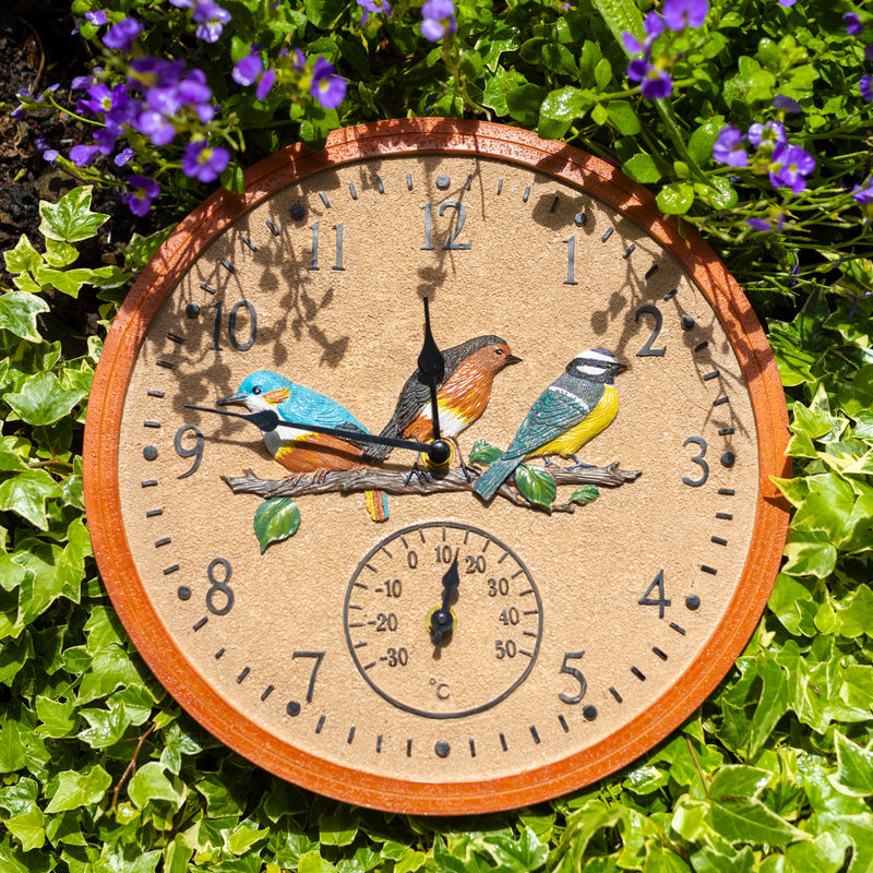 30cm Vintage Bird Wall Clock and Thermometer Weatherproof