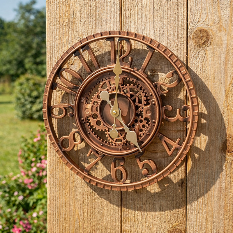Outdoor Garden Wall Clock Bronze Effect Open Face 30cm Weatherproof
