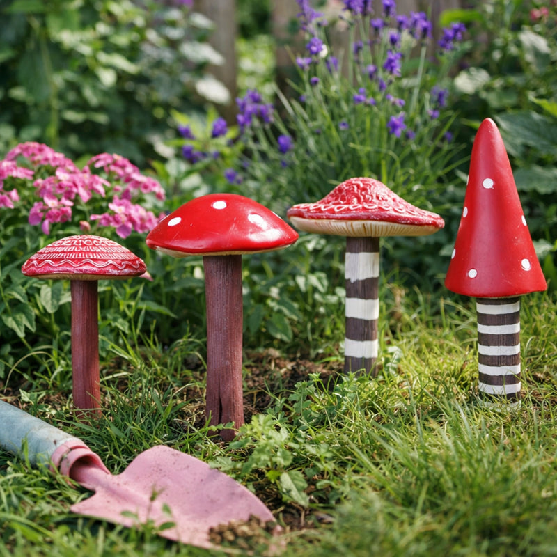 4pc Red Toadstool Miniature Garden Ornaments Resin Mushroom Set