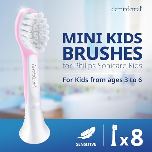 Demirdental Kids Mini Toothbrush Heads – Philips Sonicare Kids Compatible, Replacement Heads Mini Sensitive (Ages 3-6) Pink