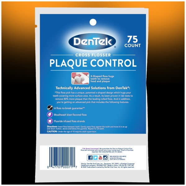 DenTek Cross Flosser Plaque Control Floss Picks – X-Shaped Floss, Fluoride, 75 Count (Pack of 2)
