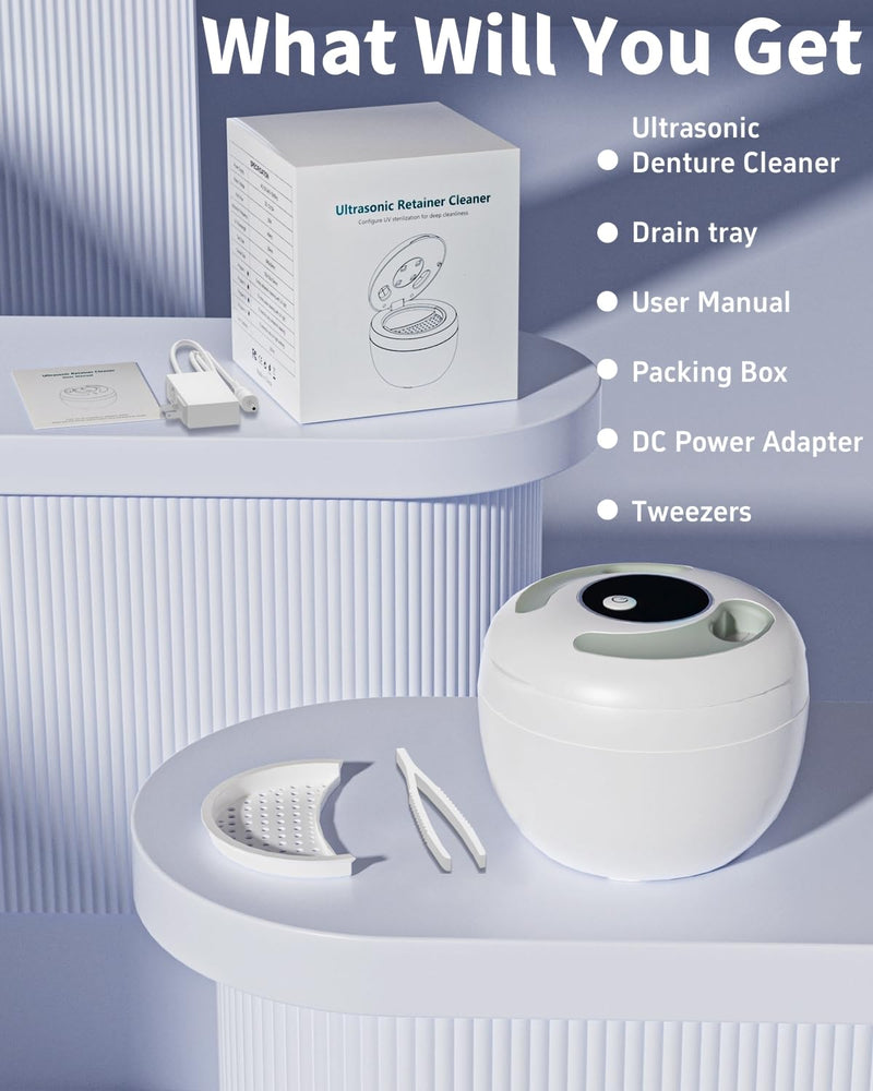 Dental Ultrasonic Retainer Cleaner – 45kHz, 4-Mode UV Denture Cleaner, 200ml Portable (White)
