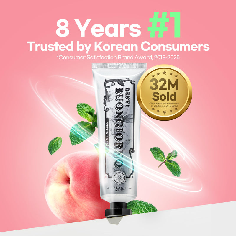 DENTI BUONGIORNO Peach Mint Whitening Toothpaste – Natural Fluoride Korean Formula, Paraben & SLS Free (3.52 fl oz / 100 g)