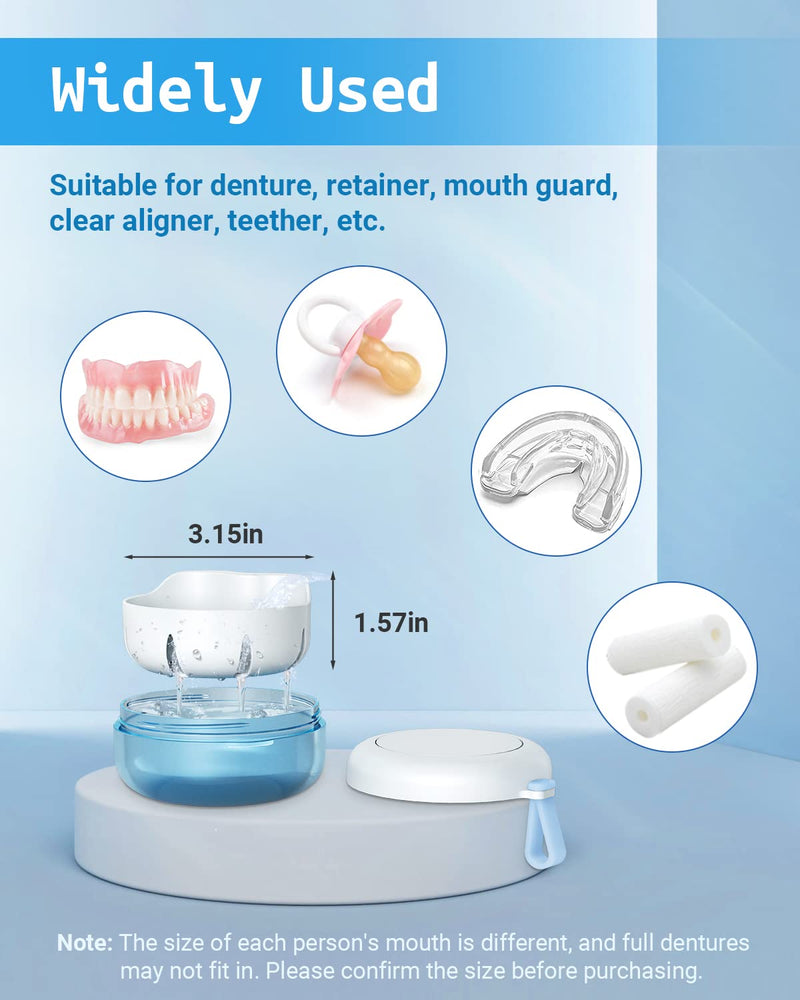 Denture Bath Case - Leak-Proof Portable Retainer Case (Blue) with Strainer & Mirror