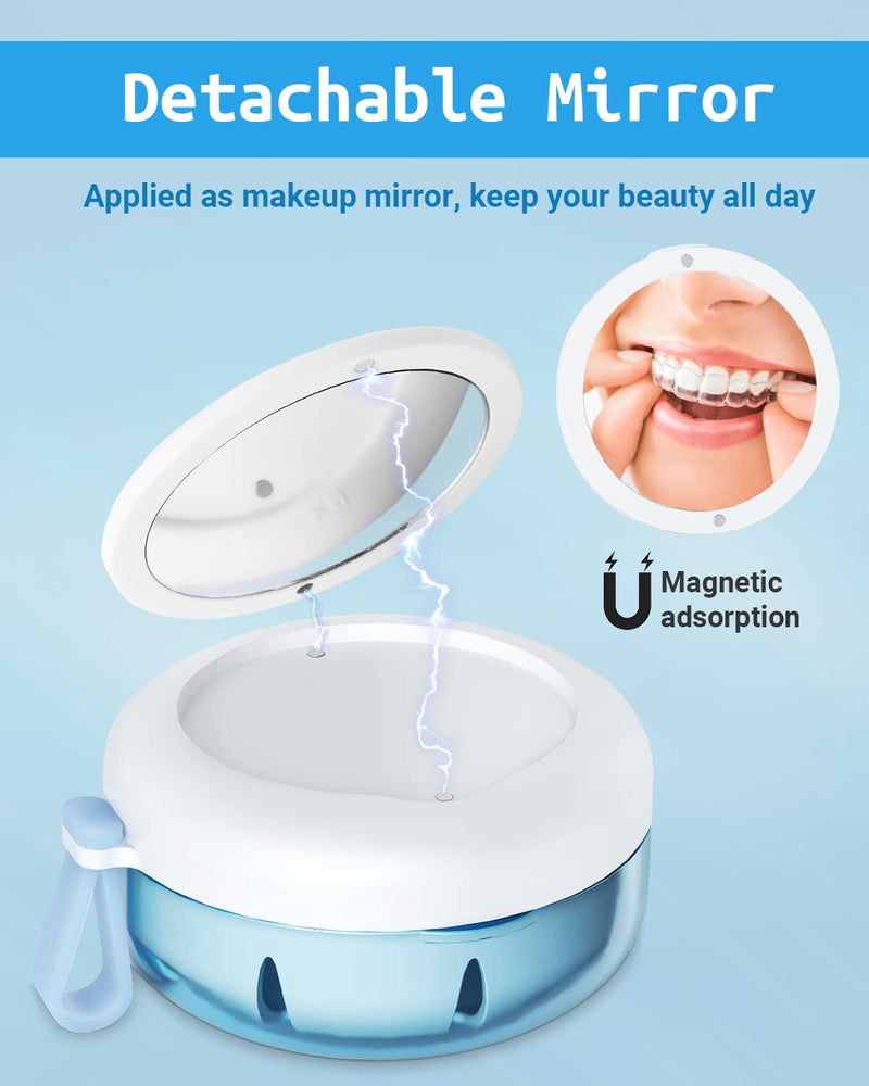 Denture Bath Case - Leak-Proof Portable Retainer Case (Blue) with Strainer & Mirror