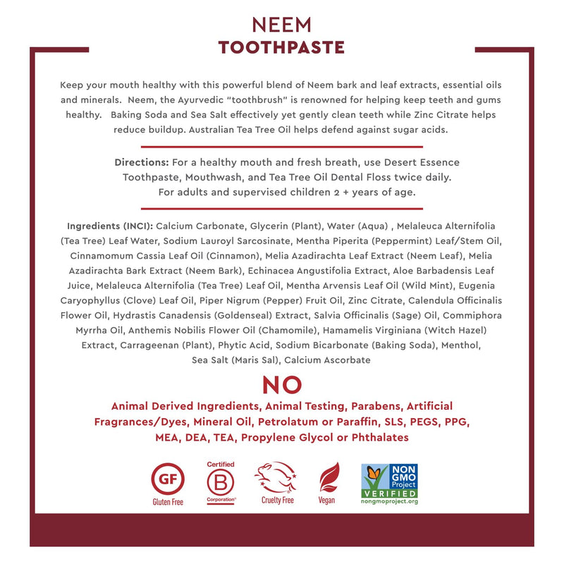 Desert Essence Neem Toothpaste - Cinnamint, 6.25 oz | Fluoride-Free Natural Oral Care