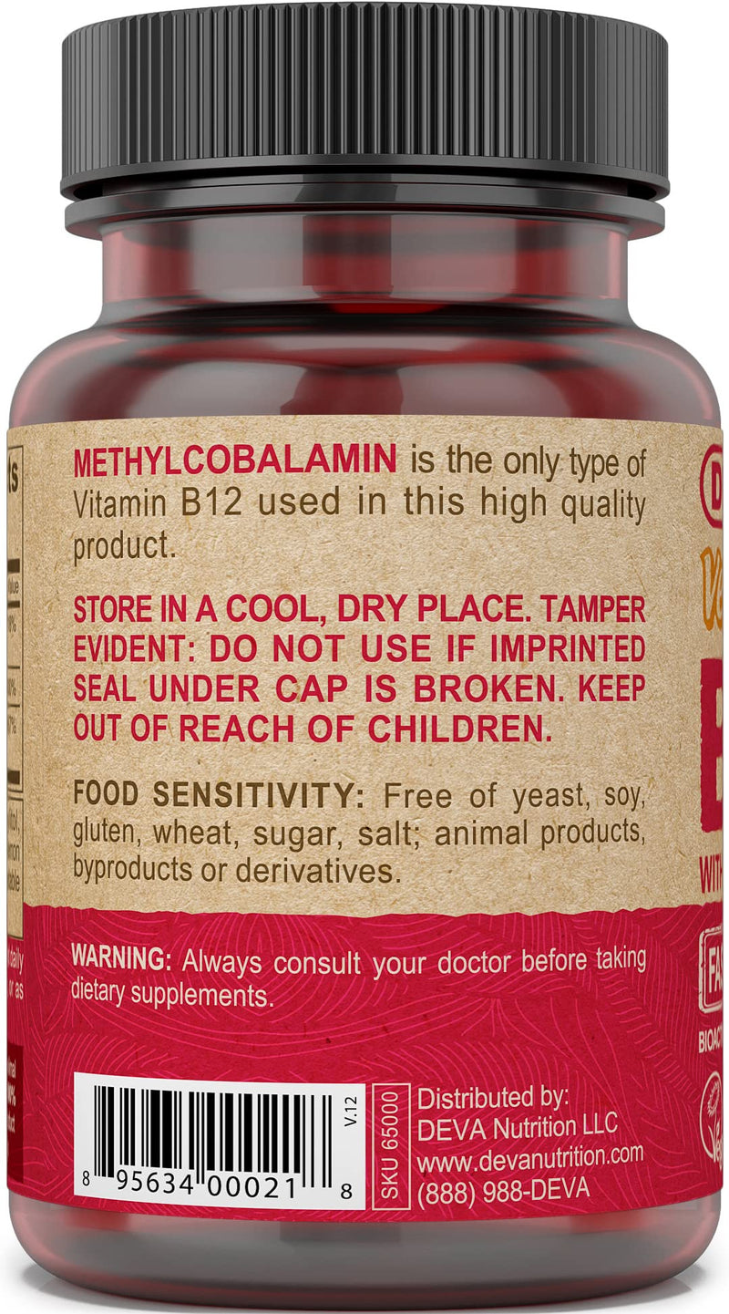 DEVA Vegan Vitamin B12 Fast Dissolve – 1000 mcg Methylcobalamin, Folic Acid & B6 – Lemon Flavor, 90 Tablets