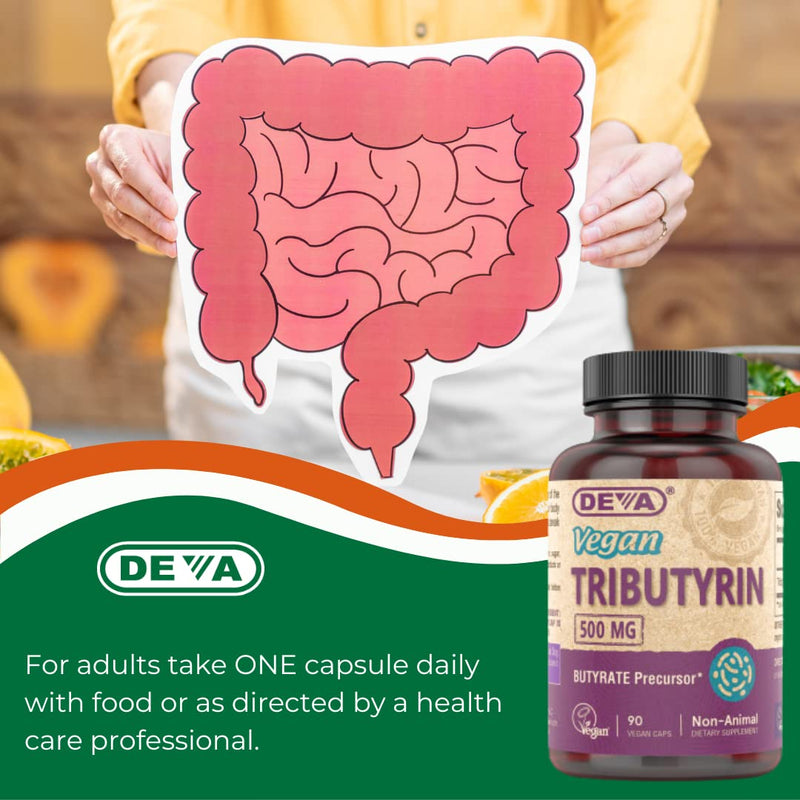 DEVA Vegan Tributyrin Supplement - 500 mg Butyrate Precursor, Gut Barrier Support, 90 Capsules per bottle (Pack of 2)