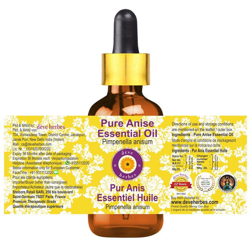 dève herbes Anise Essential Oil (Pimpinella anisum) with Glass Dropper | Pure | Non-Sticky | Non-Greasy | Lightweight | Men & Women | All Skin Types | Steam Distilled 30ml (1 oz)