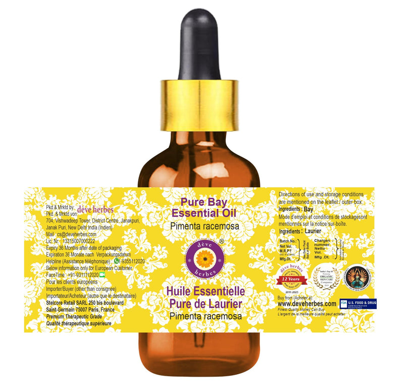 dève herbes Bay Essential Oil (Pimenta racemosa) – Steam Distilled 15ml | Glass Dropper | Pure & Non-Greasy