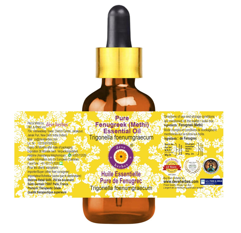 Deve Herbes Pure Fenugreek (Methi) Essential Oil – Steam Distilled, 50ml (1.69 oz) with Glass Dropper