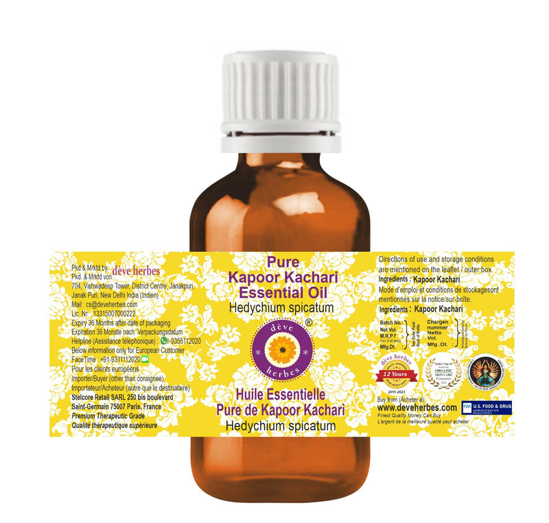 dève herbes Kapoor Kachari Essential Oil (Hedychium spicatum) Pure | Non-Sticky | Non-Greasy | Lightweight | Men & Women | All Skin Types | Steam Distilled 10ml (0.33 oz)