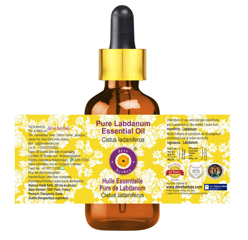dève herbes Labdanum Essential Oil (Cistus ladaniferus) with Glass Dropper | Pure | Viscous Texture | Unisex | All Skin Types | External Use | Natural Extract | Steam Distilled 30ml (1 oz)