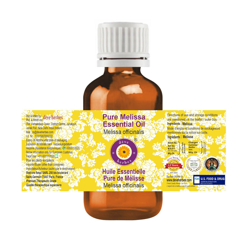 dève herbes Melissa Essential Oil 30ml – Pure, Steam Distilled | All Skin Types