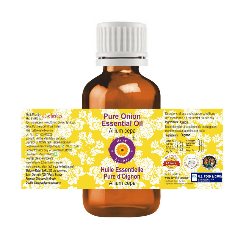 Deve Herbes Pure Onion Essential Oil (Allium cepa) Steam Distilled 2ml – Amber Glass Bottle