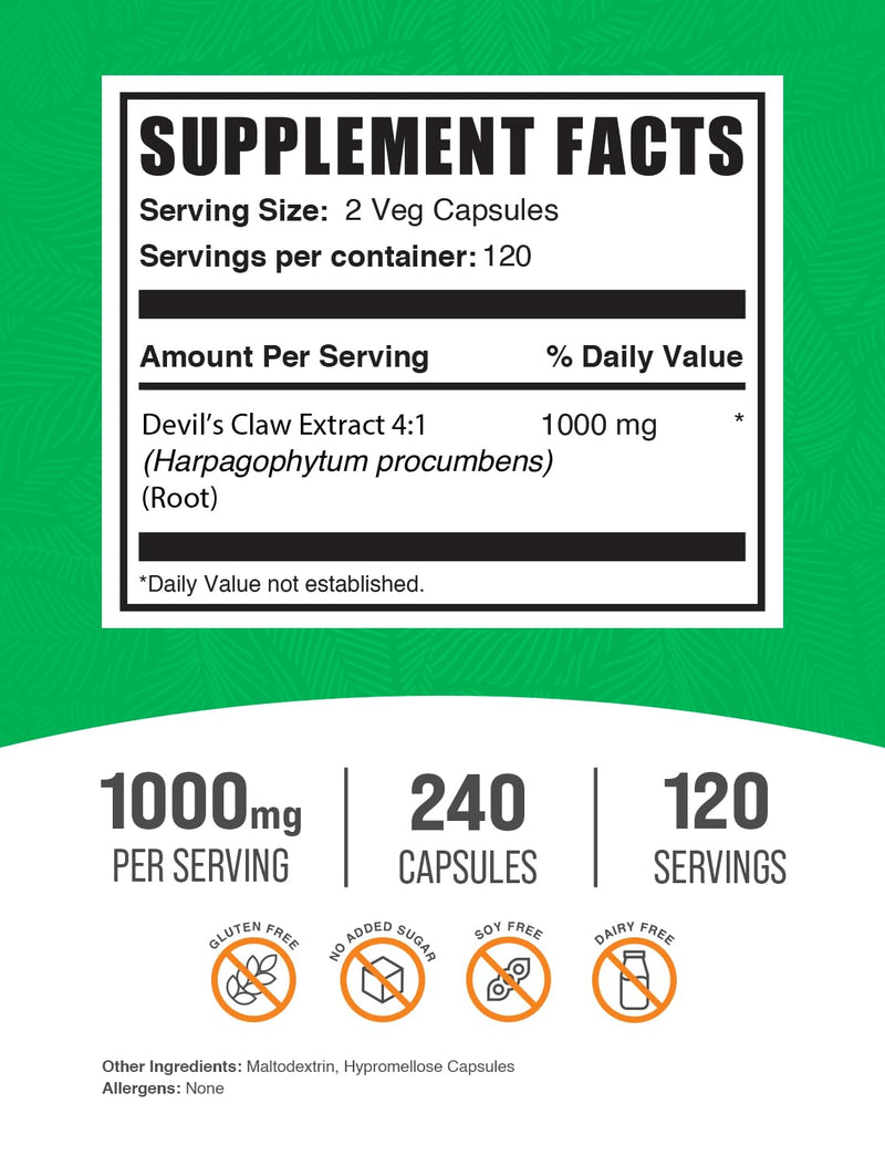 Devil's Claw Extract Capsules – Vegan & Gluten Free (240 Veg Caps) | BulkSupplements