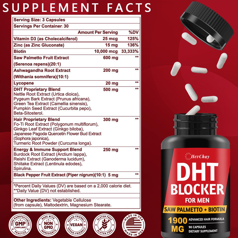 DHT Blocker for Men | Extra Strength Saw Palmetto & Biotin Hair Growth Supplement - Hair Growth Vitamins - Hair Regrowth - Natural Hair Loss Supplements for Men - Proprietary Herbal Blends,1 Pack
