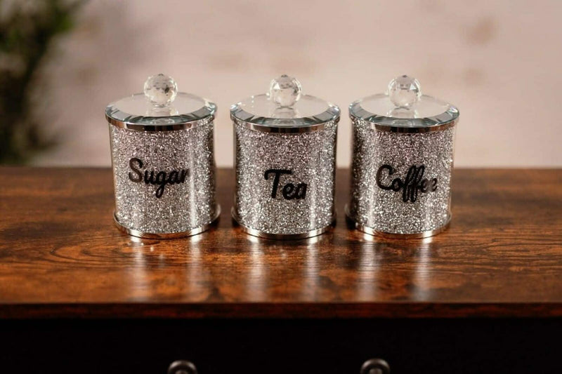 3pc Diamante Tea Coffee Sugar Canister Set Silver Crystal Jars