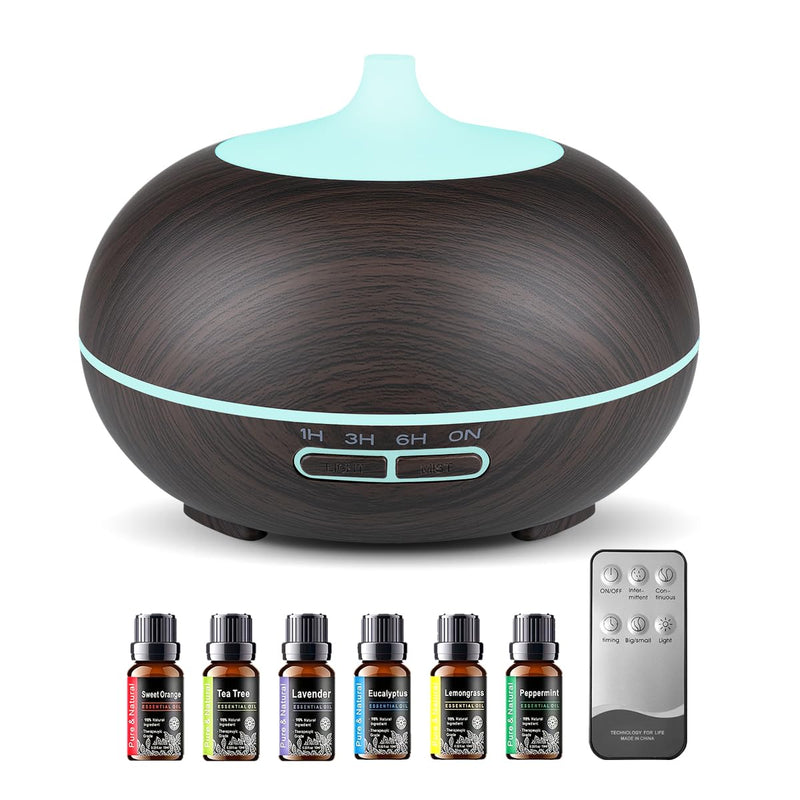 550ml Essential Oil Diffuser with 6 Oil Set | Ultrasonic Humidifier, Timer, 7-Color LED Night Light | Home & Spa