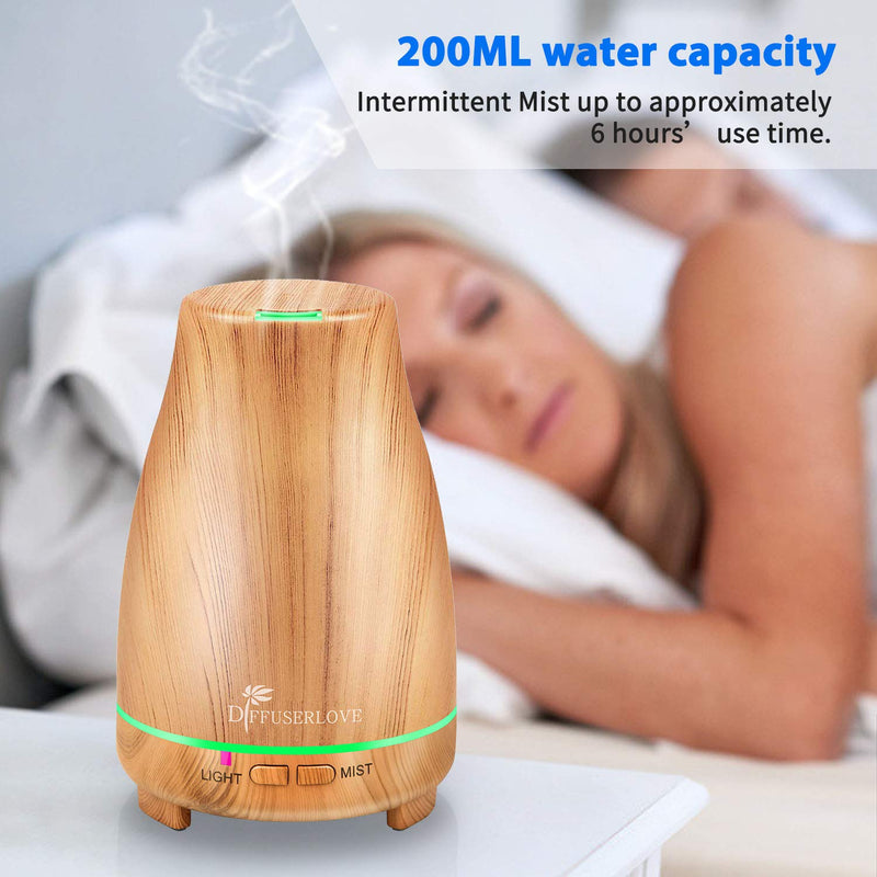 Diffuserlove 200ML Essential Oil Diffuser - Quiet Aroma Diffuser with 7 Color LED Lights, Auto Shut-Off for Bedroom, Office