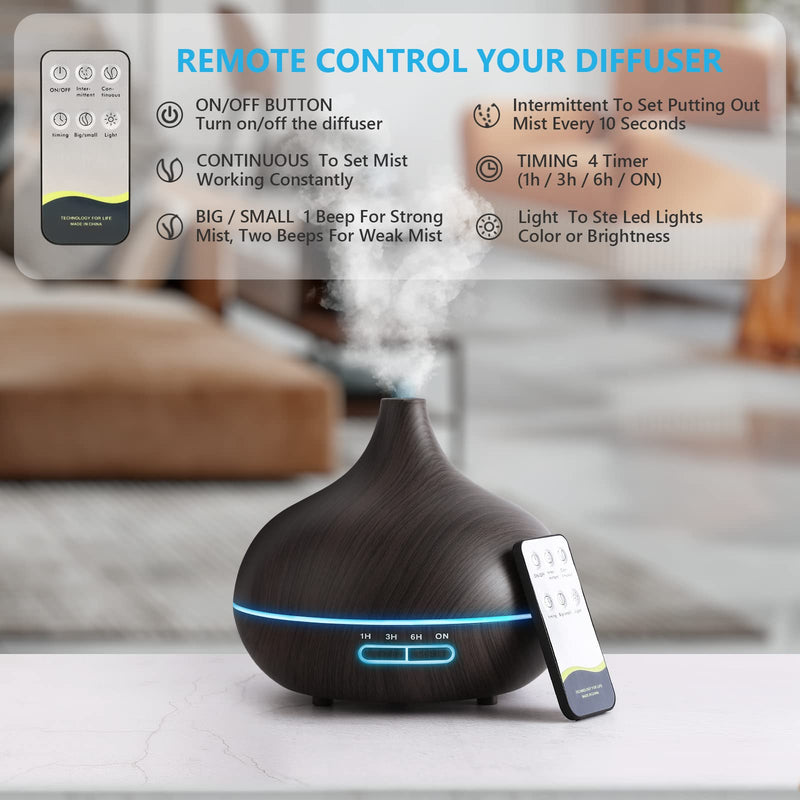Large Room 550ml Essential Oil Diffuser with Remote – Ultrasonic Diffuser, Timer, 7-Color Lights