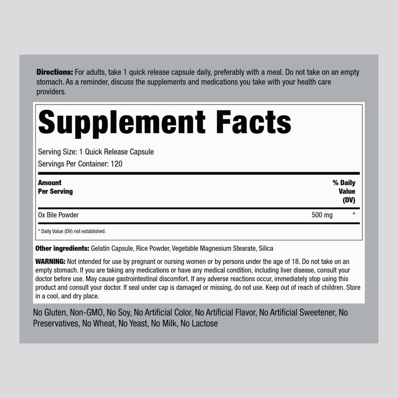 Piping Rock Ox Bile Supplement 500mg – 120 Capsules | Gluten Free & Non-GMO
