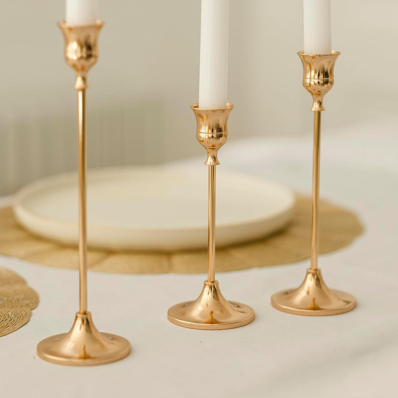 Gold Taper Candle Holders with White Candles Set