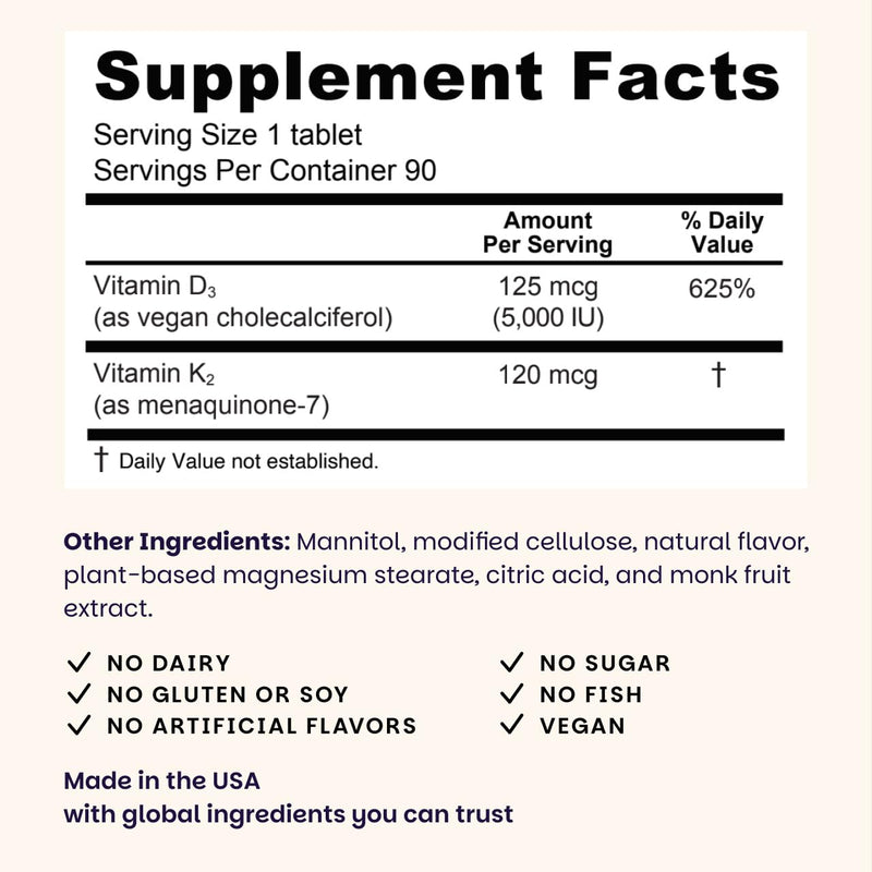 EZ Melts D3 + K2 5000 IU – Vegan, Non-GMO, Green Apple, 90 Tablets
