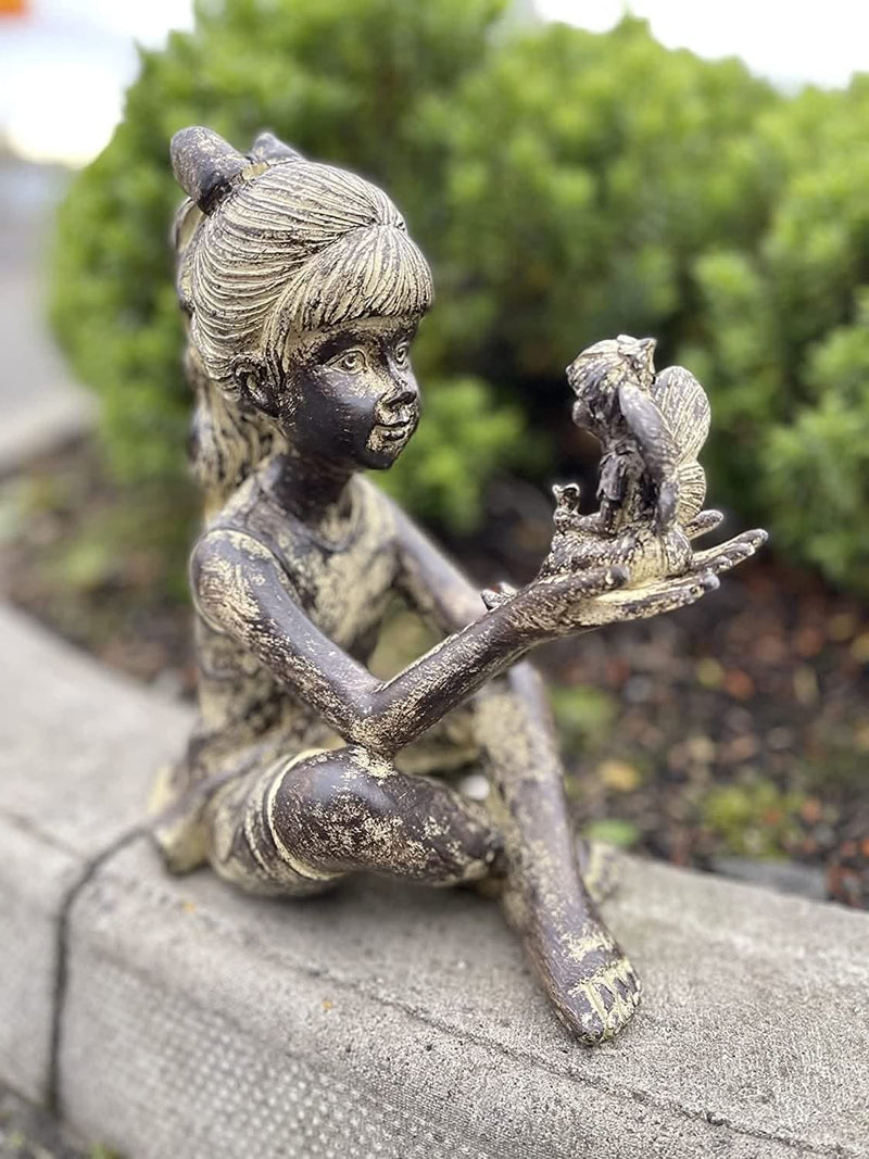 Sitting Girl with Fairy Resin Garden Statue Stone Effect 23cm