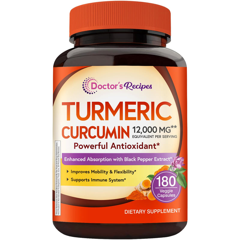 Doctor's Recipes Turmeric Curcumin 12000 mg | High Absorption 95% Curcuminoids | Vegan, Non-GMO, 180 Caps
