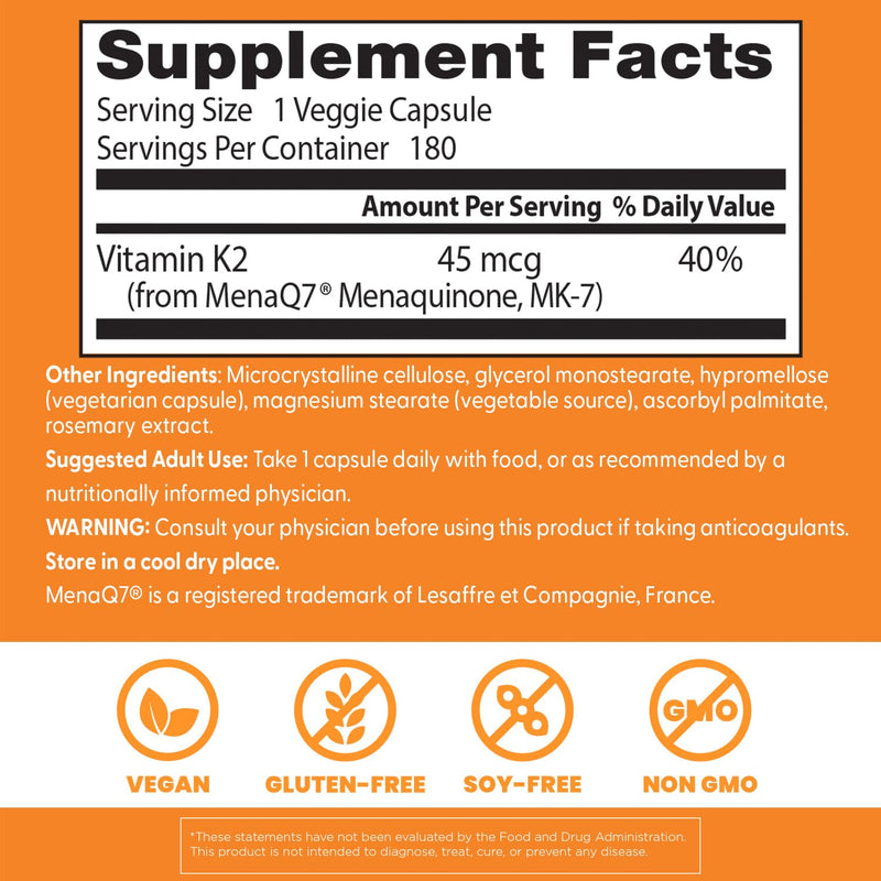 Doctor's Best Natural Vitamin K2 MK-7 Capsule (180 Ct) – Bone Health & Soft Tissue Elasticity