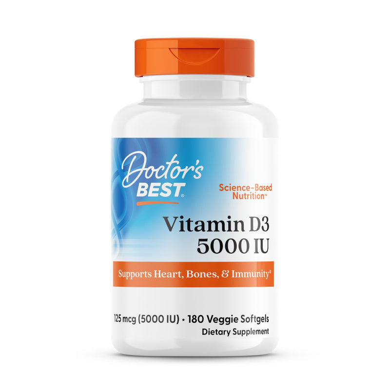 Doctor's Best Vitamin D3 5000 IU - Supports Heart, Bones & Immunity - Non-GMO, Gluten Free, Soy Free, Vegetarian - 180 Veggie Softgels