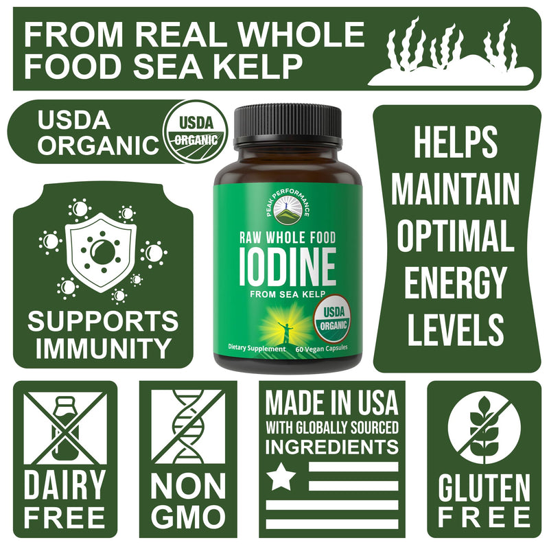 USDA Organic Raw Whole Food Iodine Supplement from Organic Kelp (Ascophyllum Nodosum) – 60 Vegan Capsules