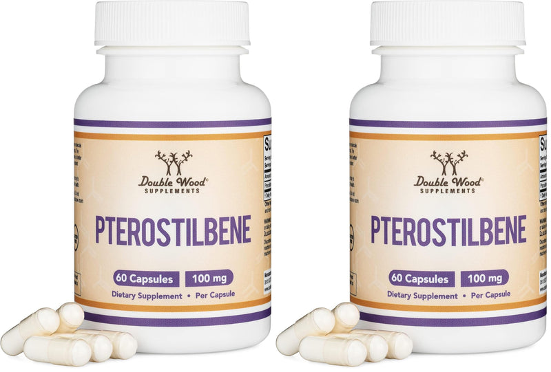 Double Wood Pterostilbene 100mg Capsules – 60 Count Pack of 2 | Third-Party Tested, Non-GMO, Gluten Free