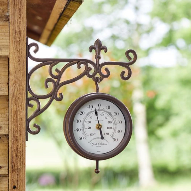 Double Sided Outdoor Station Clock with Thermometer Wall Mount