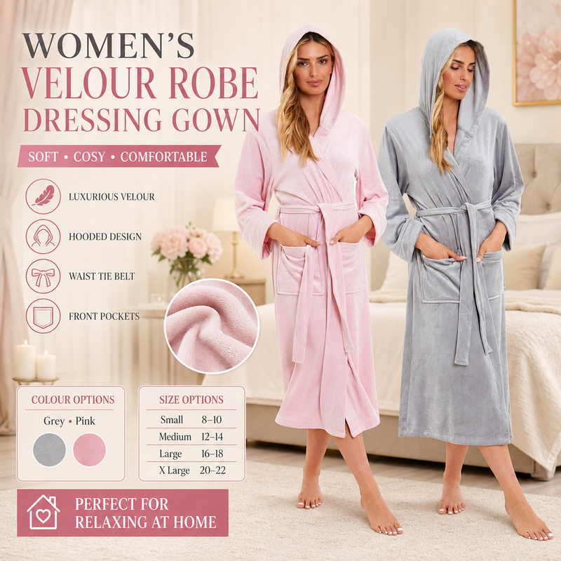 Elegant Women's Hooded Velour Robe Ultra-Soft Luxurious Bathrobe Perfect for Lounging Spa and Gym in Pink and Grey Adjustable Fit Multiple Sizes by Daisy Dreamer