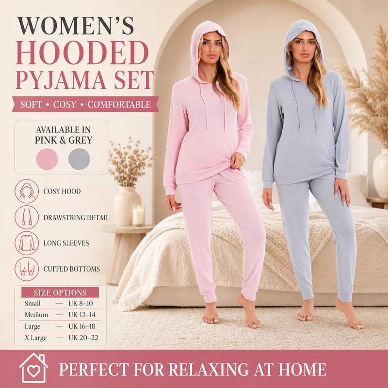 Luxurious Womens Pink Grey Cosy Hooded Pyjama Set Soft Comfortable Stretchable Loungewear Long Sleeve Hoodie and Pants Ideal Gift Daisy Dreamer