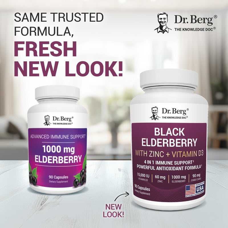 Dr. Berg Black Elderberry Capsules (4-in-1) with 15,000 IU Vitamin D, 60 mg Zinc & 90 mg Camu Camu – Advanced Immune Support, 90 Capsules