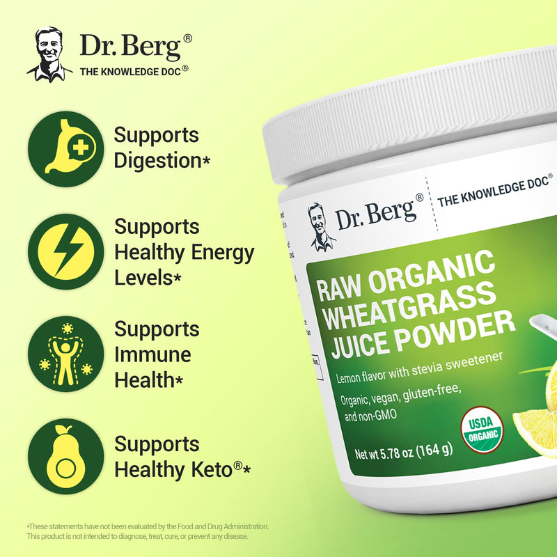 Dr. Berg USDA Organic Green Powder Superfood – Lemon Flavor, 60 Servings