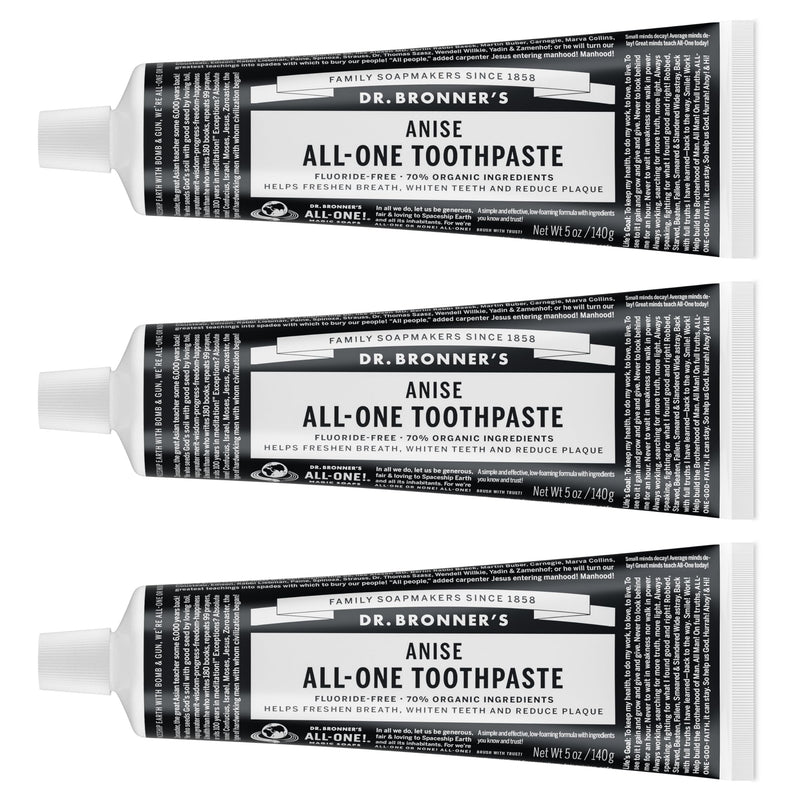 Dr. Bronner’s All-One Toothpaste (Anise, 5 oz, 3-Pack) - 70% Organic, Fluoride-Free, SLS-Free, Vegan