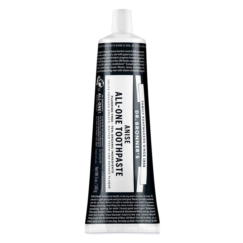 Dr. Bronner's All-One Toothpaste (Anise, 5 oz) - 70% Organic Ingredients, Fluoride-Free, SLS-Free, Vegan