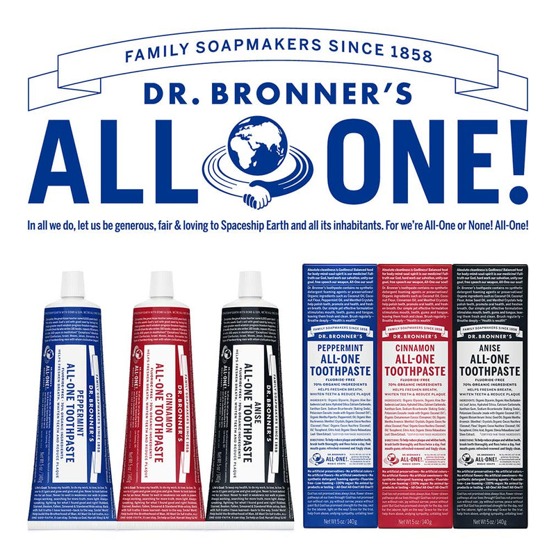 Dr. Bronner's All-One Toothpaste (Anise, 5 oz) - 70% Organic Ingredients, Fluoride-Free, SLS-Free, Vegan