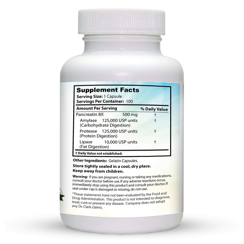 Dr. Clark Pancreatin 8X Enzyme Supplement 500mg – Digestive Enzymes for Protein, Fat & Carbs Support | 100 Gelatin Capsules
