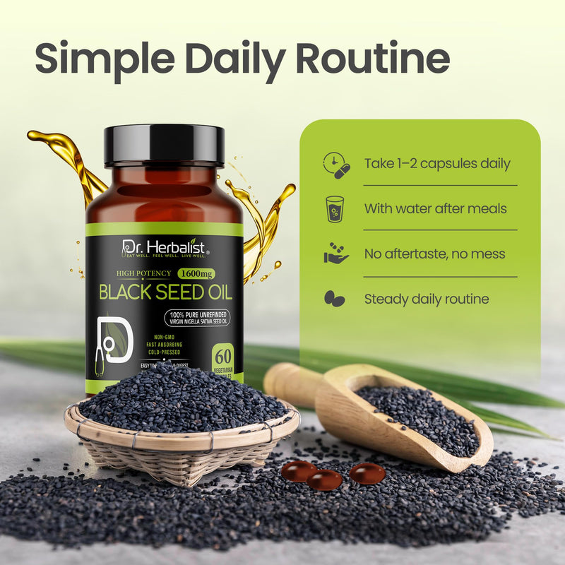Dr. HERBALIST Black Seed Oil 1600mg – 60 Softgels | Cold-Pressed Organic Nigella Sativa