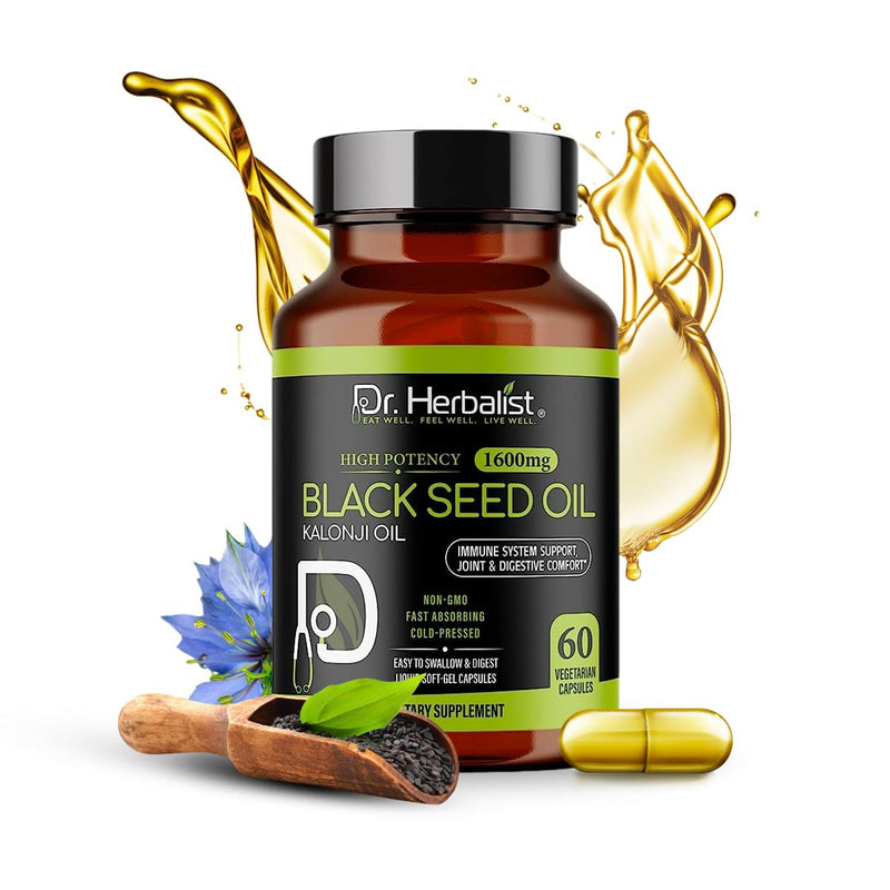 Dr. HERBALIST Black Seed Oil Capsules - 120 Count, 1600mg Per Serving | Organic Cold-Pressed Nigella Sativa
