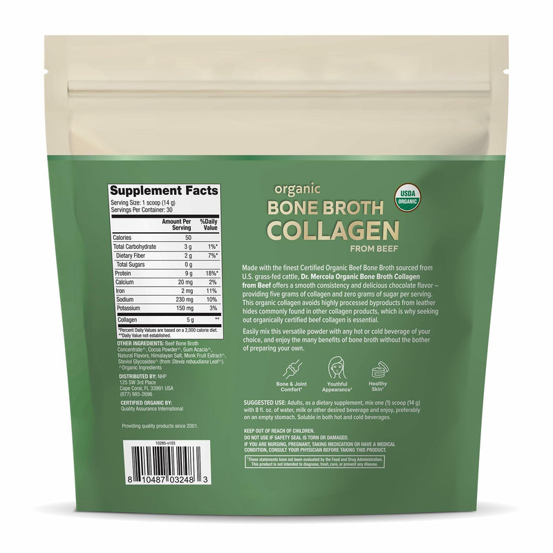 Dr. Mercola Organic Bone Broth Collagen Powder - Supports Bone Health & Muscle Growth - USDA Organic, Non-GMO, Gluten-Free & Dairy-Free - 30 Servings - Chocolate Flavor