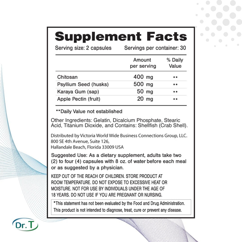 Dr. T Natural Cholesterol Lowering Supplement - Psyllium Seed Husks, Chitosan, Karaya Gum, Apple Pectin | 60 Capsules